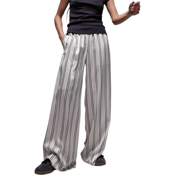 NWT TopShop Cream Striped Satin Wide Leg High Rise Pants Women’s Size 8 - Picture 1 of 9